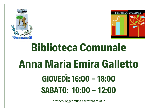 Orari di apertura Biblioteca Comunale   Anna Maria Emira Galletto